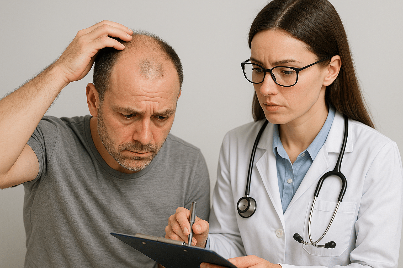 Homem de meia-idade com queda de cabelo em consulta médica, expressando preocupação enquanto conversa com uma médica que analisa um prontuário.